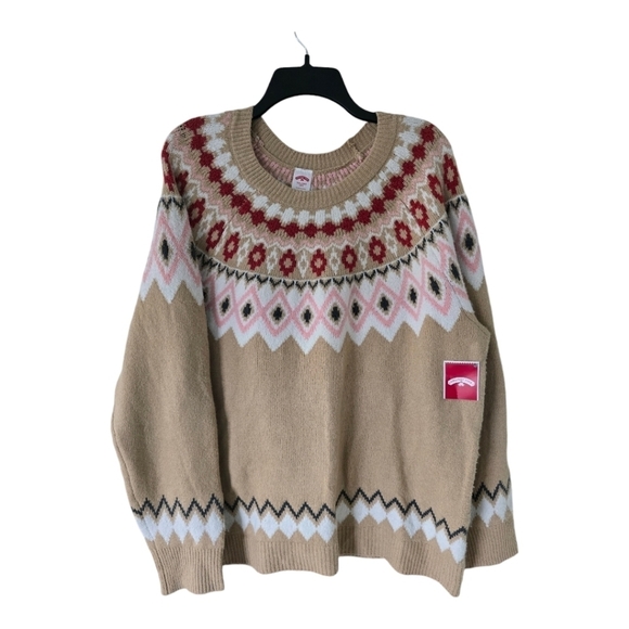 Holiday Time Sweater Women 2X Plus Long Sleeve Grannycore Tan Red Fair Isle New - Picture 1 of 15